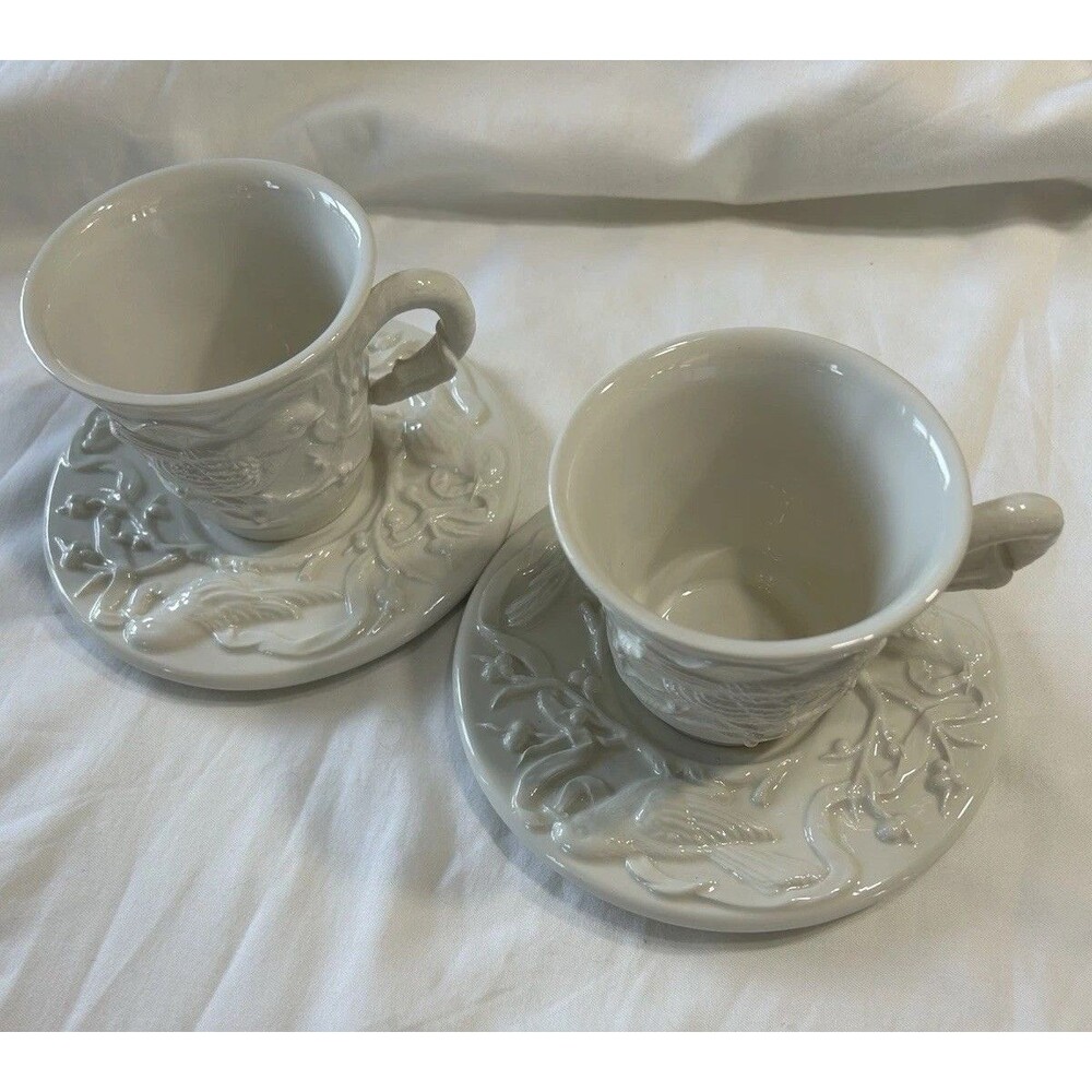 Vintage 1990 Mesa International  Elegant White Embossed teacups and Saucer Set